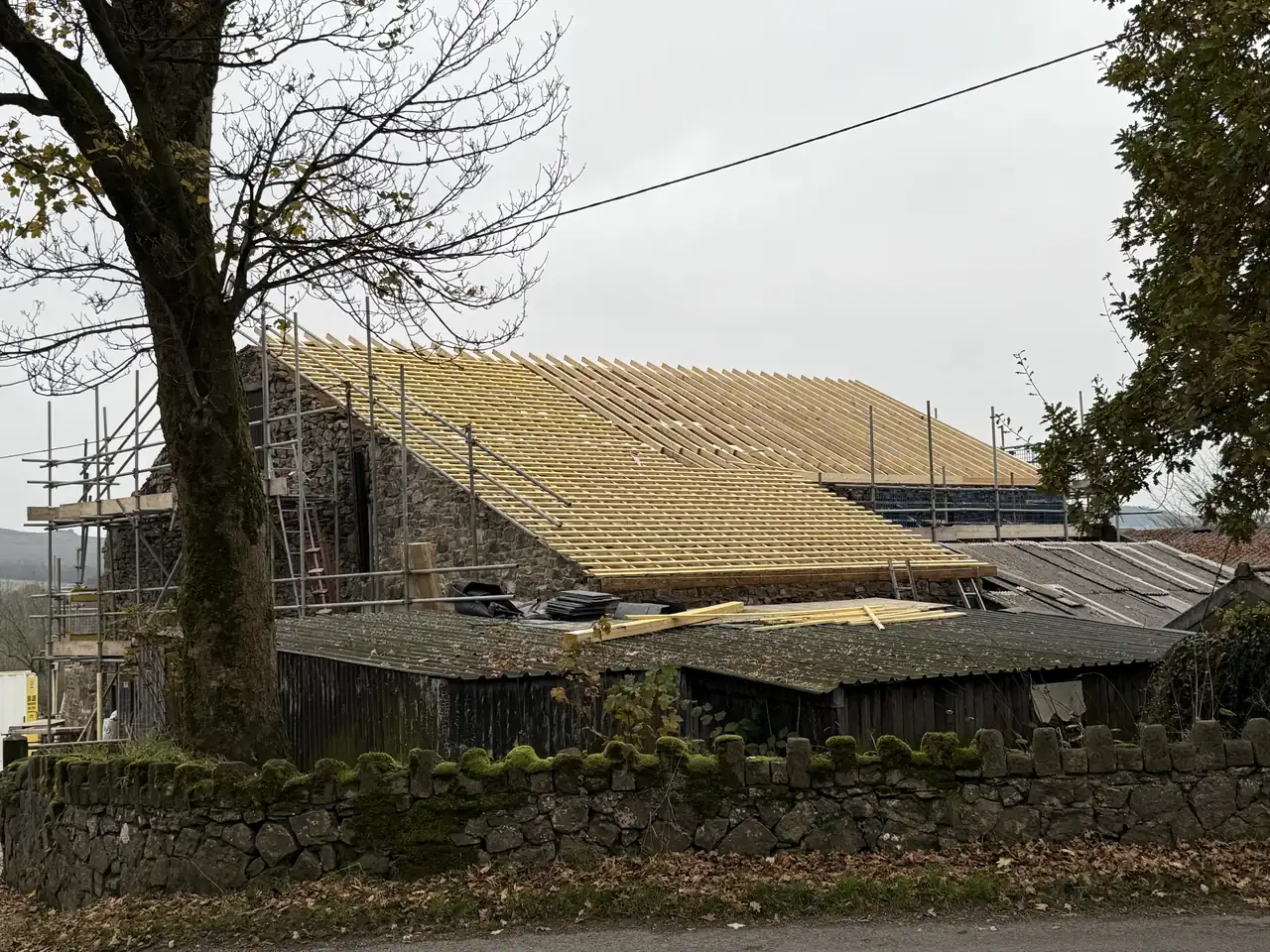 New timber roof structure going up on the barn behind a dry stone wall