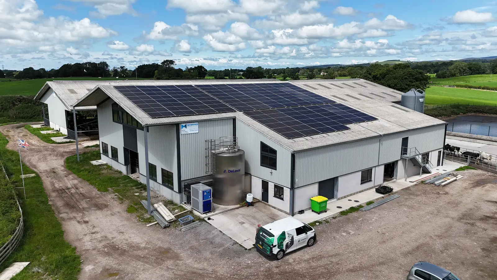 Solar PV on the metal roof of a farm building at Bilsborrow Hall Farm, Lancashire
