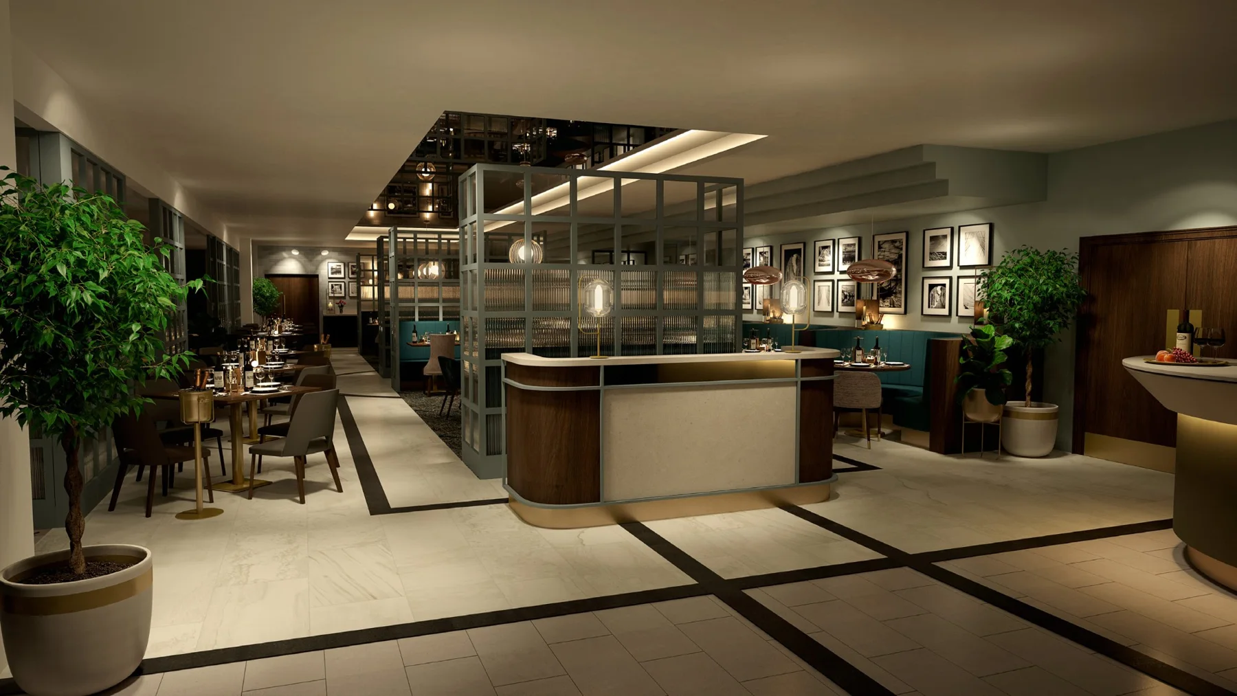 Crow Wood restaurant fit-out with oak and stone servery, glazed screens and teal banquette seating