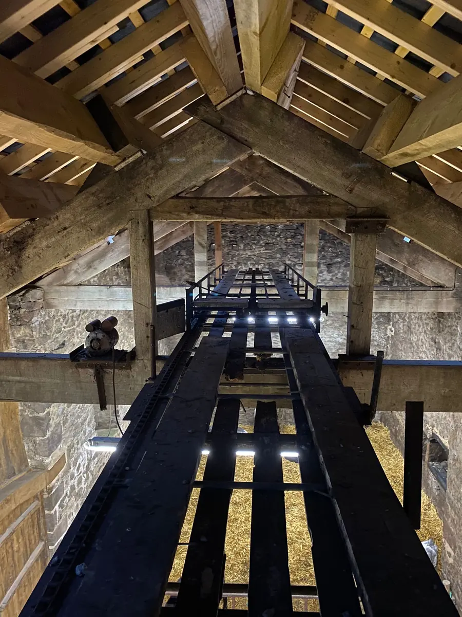 Looking up into restored oak roof trusses and a timber walkway inside the Fober Farm barn