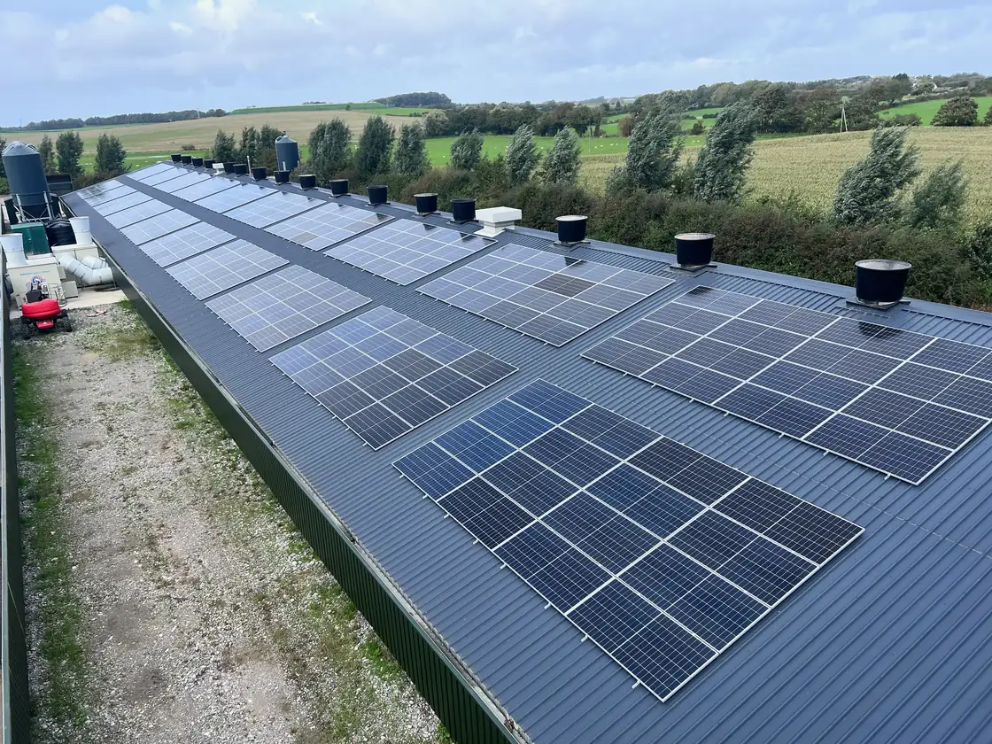 110 kW rooftop solar array along a poultry farm shed